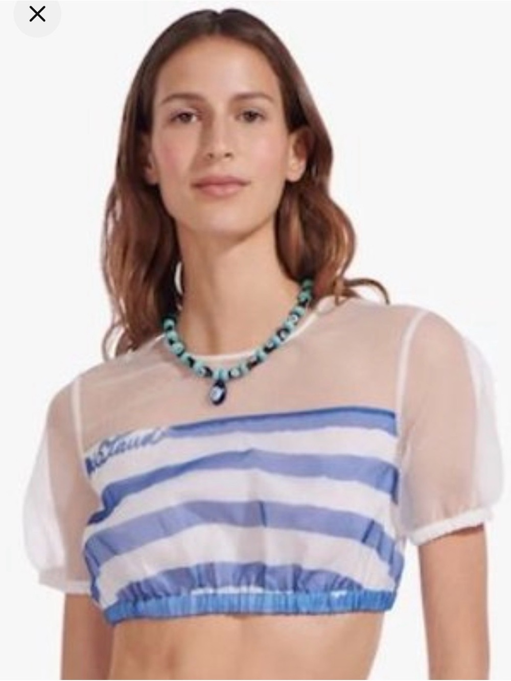 STAUD White Sheer Gauzy Crop Top with Blue Stripes